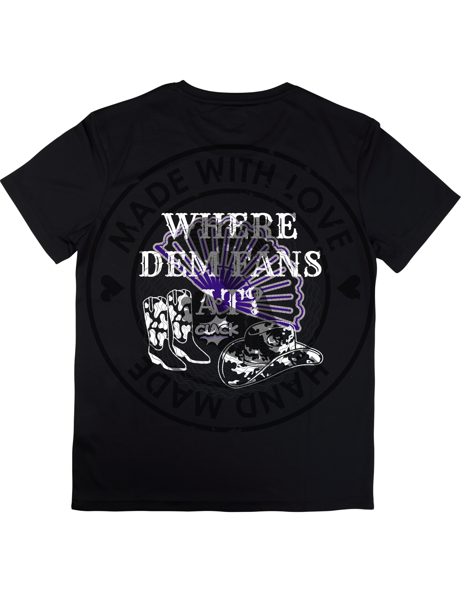 Black t-shirt with graphic design and text on a white background