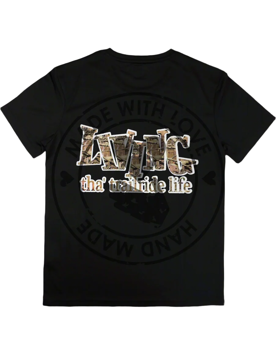 Black t-shirt with 'Living theuckle life' text and camouflage design on a white background