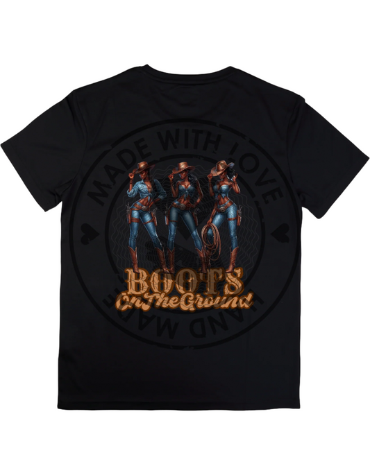 Graphic design of three figures and text