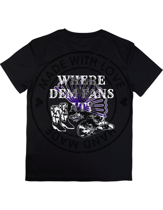 Black t-shirt with graphic design and text on a white background